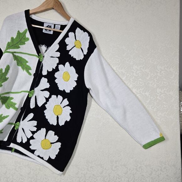 VTG Storybook Knits Cardigan Sweater sz 1X White Black Green Floral Colorblock - Picture 7 of 15